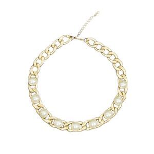Faux Pearl Bead Gold Tone Link Chain Necklace 16" Chain